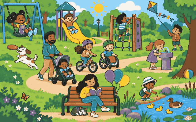 A busy park with children swinging, sliding, riding bikes, flying a kite and feeding ducks.
